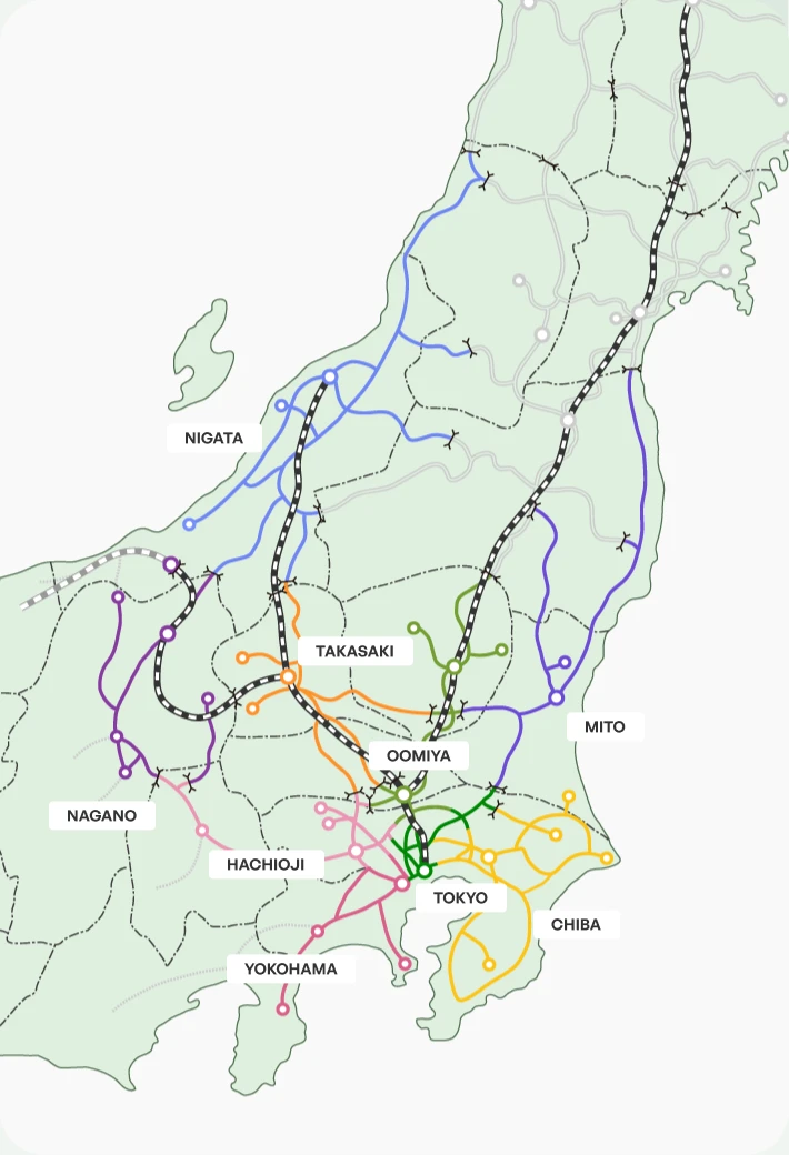 東京、横浜、八王子、大宮、千葉、高崎、水戸、長野、新潟